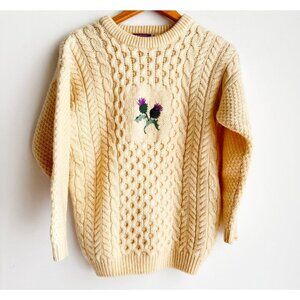 Vintage Highland Home Industries Ivory Wool Floral Chunky Sweater S